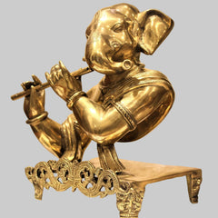 Brass Flute-Playing Ganesha Statue | Antique Finish Home Decor Showpiece (Height: 11 Inches)