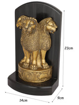 Brass Ashoka pillar lion figurine, wheel base; 14cm W x 9cm D x 23cm H