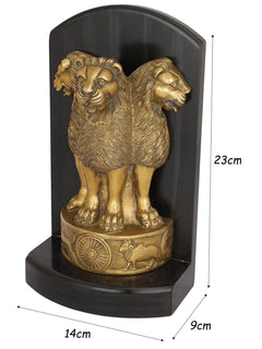 Brass Ashoka pillar lion figurine, wheel base; 14cm W x 9cm D x 23cm H
