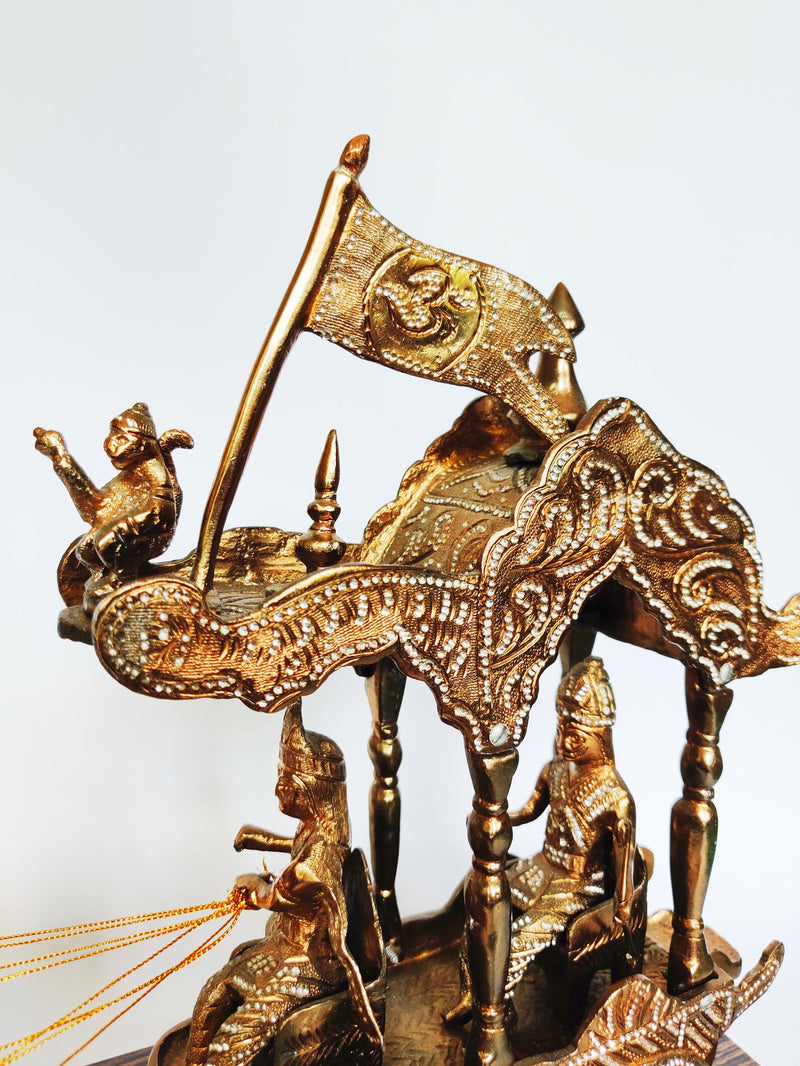 Brass Handcrafted Arjuna Rath Krishna Sculpture – Copper-Coated Brass with Crystal Detailing (Height:14 Inches)