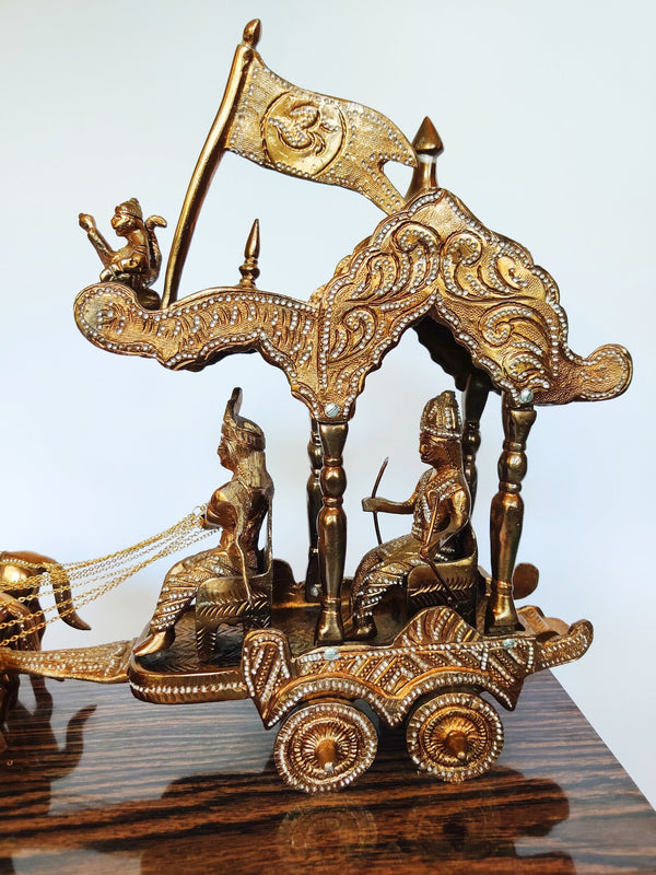 Brass Handcrafted Arjuna Rath Krishna Sculpture – Copper-Coated Brass with Crystal Detailing (Height:14 Inches) Study Setting