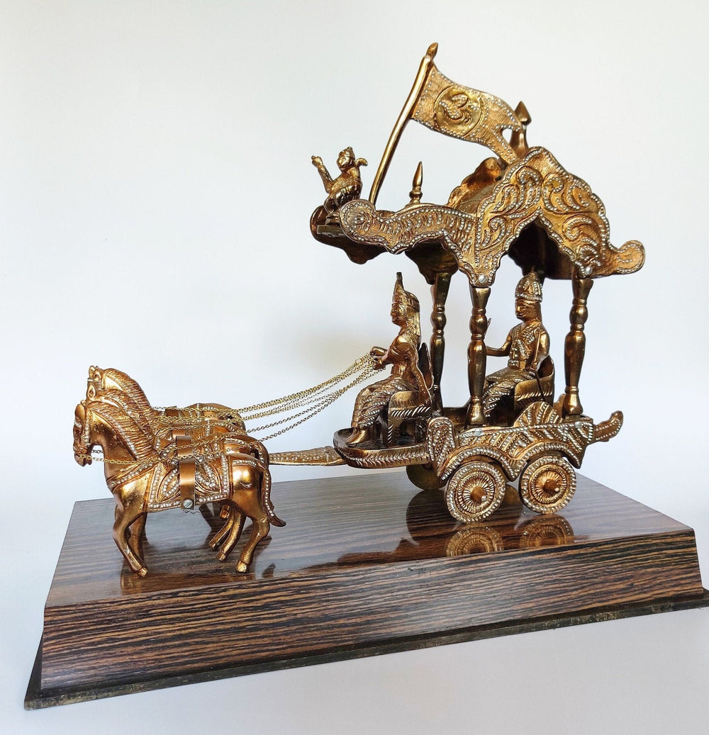 Brass Handcrafted Arjuna Rath Krishna Sculpture – Copper-Coated Brass with Crystal Detailing (Height:14 Inches)