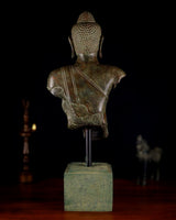 Bronze Buddha bust, back view of head and robes, 27.5 in height on square base.