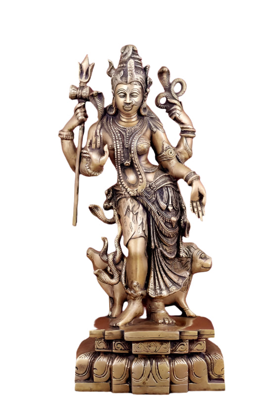 Brass Ardhanarishwara idol, 19-inch tall deity figurine with multiple arms