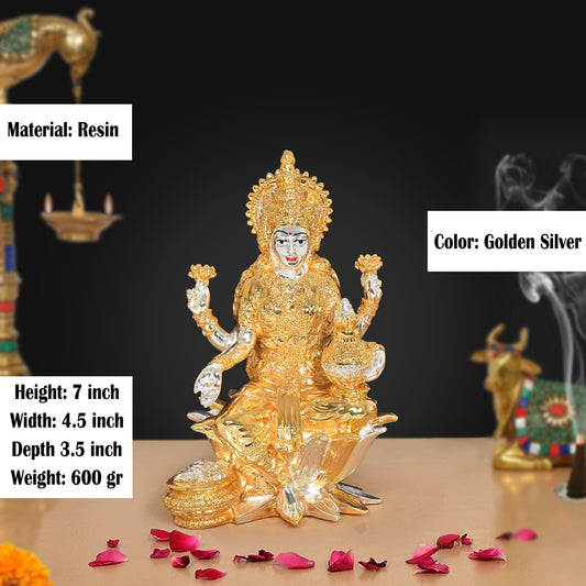 Resin Lakshmi Idol with Plating of golden silver (Height: 7 Inch)
