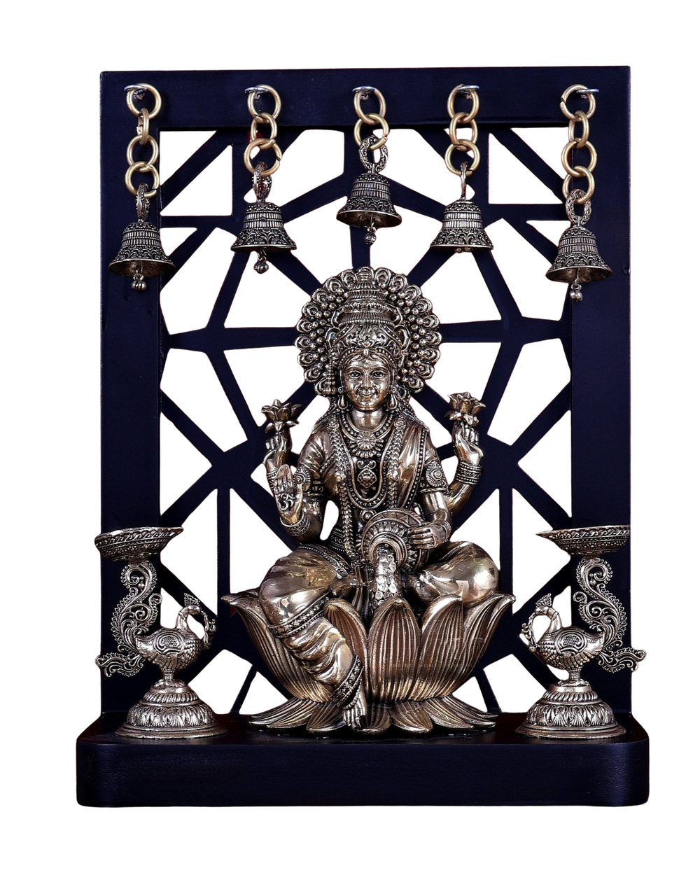 Superfine Brass Lakshmi Lotus Idol with Annam Lamps & Bells (Height :12 Inches)