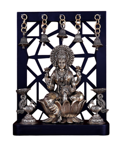 Brass Lakshmi idol with four hanging bell lamps, seated on lotus, 12 in