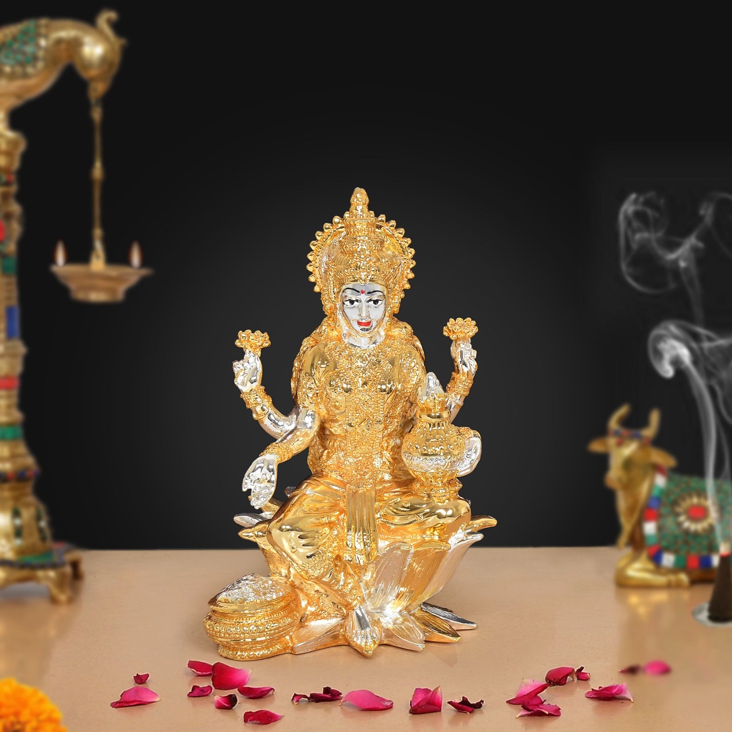 Resin Lakshmi Idol with Plating of golden silver (Height: 7 Inch)