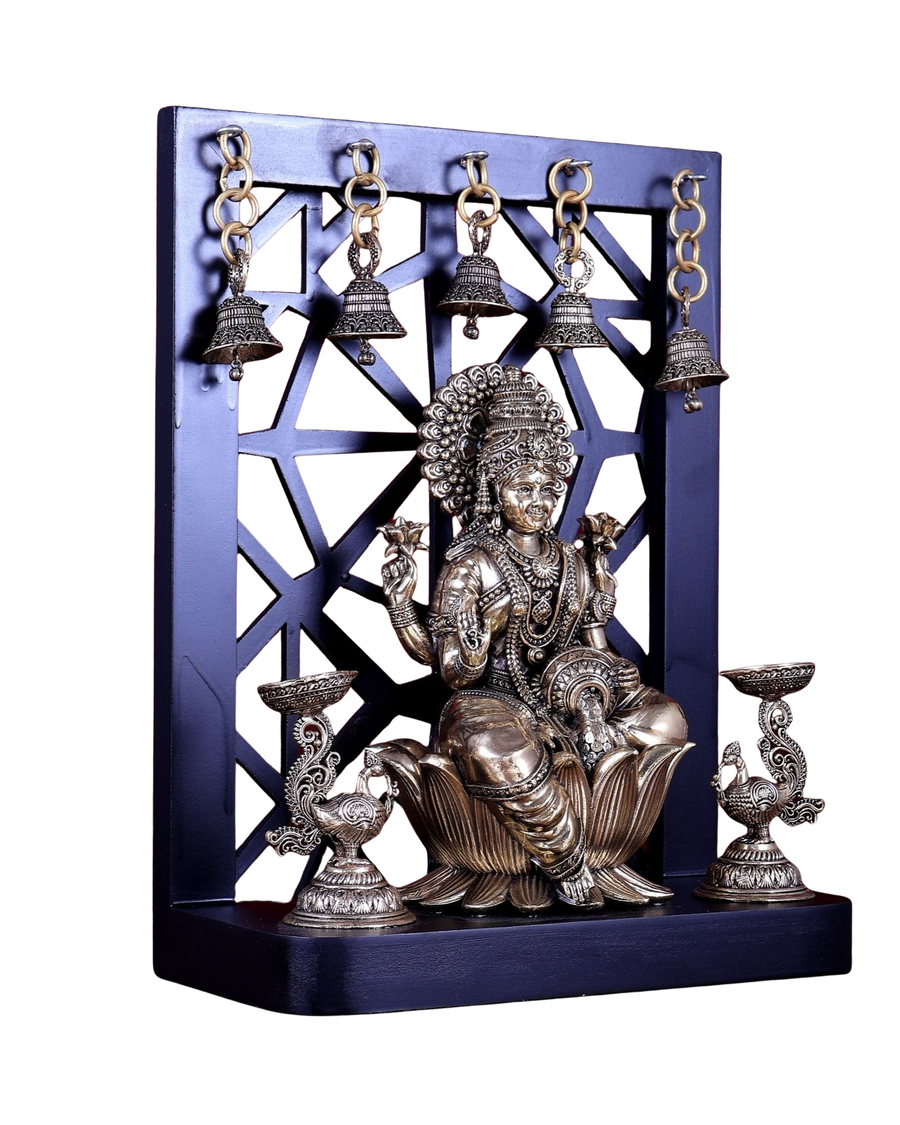 Superfine Brass Lakshmi Lotus Idol with Annam Lamps & Bells (Height :12 Inches) Craft Detail