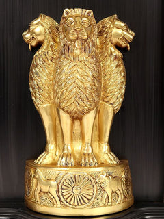 Gold-tone brass double-lion emblem sculpture with detailed faces in black frame