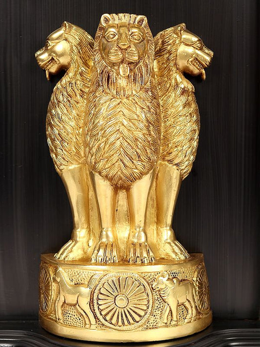 Gold-tone brass double-lion emblem sculpture with detailed faces in black frame
