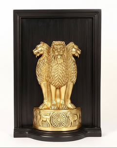 Brass double-lion emblem wall hanging with circular base medallion in black frame