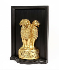 Gold-tone brass double-lion emblem wall hanging in black frame, textured finish