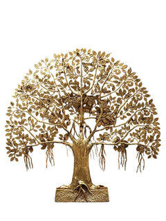 Brass tree of life decor with dense leaf branches and flat square stand