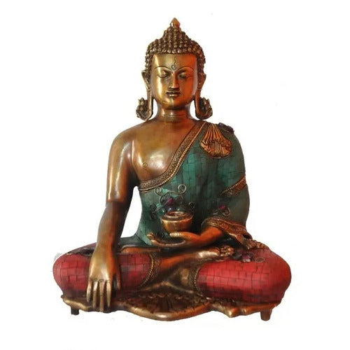 Brass Buddha idol seated in Bhumisparsha mudra, green and gold draped robe