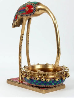 Brass leaning flamingo with colorful jeweled bowl (urli) on a square base, 12 in