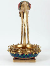 Brass flamingo urli fountain bowl with chain handles and colorful border on base