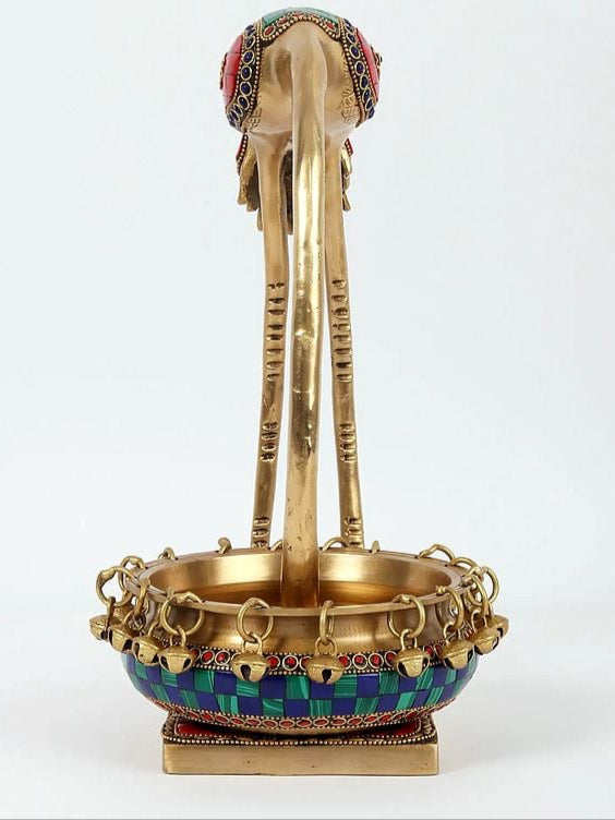 Brass Beautiful Leaning Flamingo With Urli (Height : 12 Inches) Study Setting
