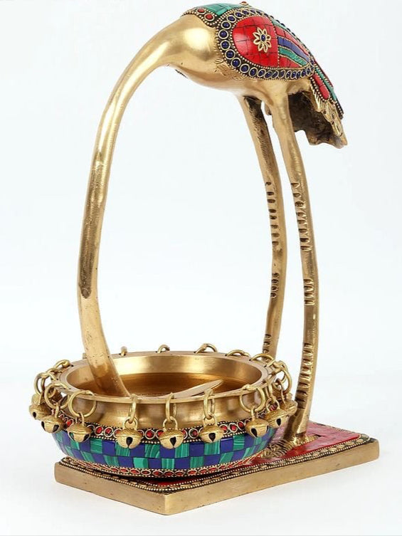 Brass Beautiful Leaning Flamingo With Urli (Height : 12 Inches)