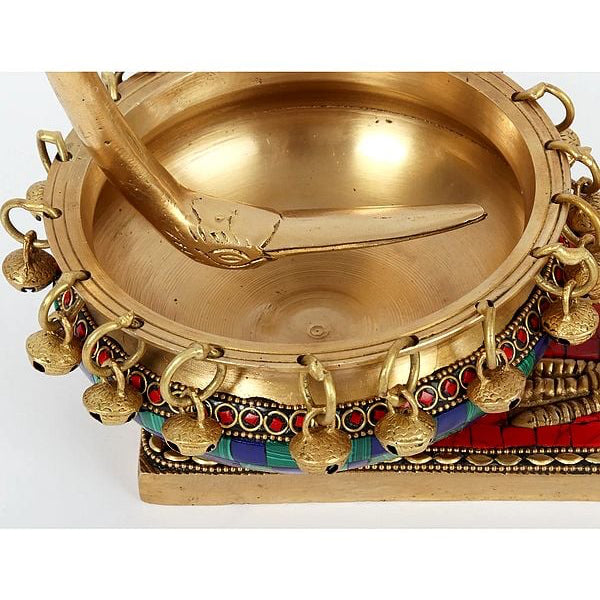 Brass Beautiful Leaning Flamingo With Urli (Height : 12 Inches)