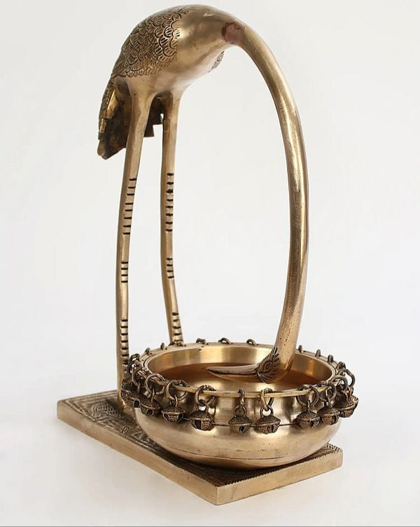 Brass Beautiful Leaning Flamingo With Urli (Height : 12 Inches) Study Setting