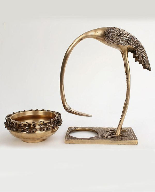 Brass Beautiful Leaning Flamingo With Urli (Height : 12 Inches)