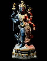 Hand-painted brass Ardhanarishwara statue, 19 in, blue and red deity with holding staff