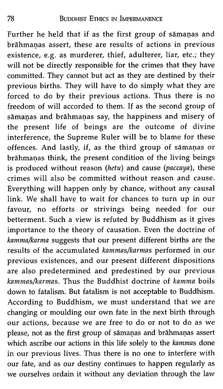 Buddhist Ethics in Impermanence page discussing karma, fate, and moral responsibility