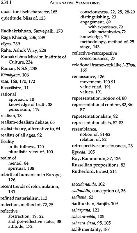Index page 254 listing terms including Reality, reason, and representative consciousness