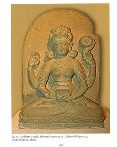 Seated goddess statue with halo and raised hands, stone sculpture