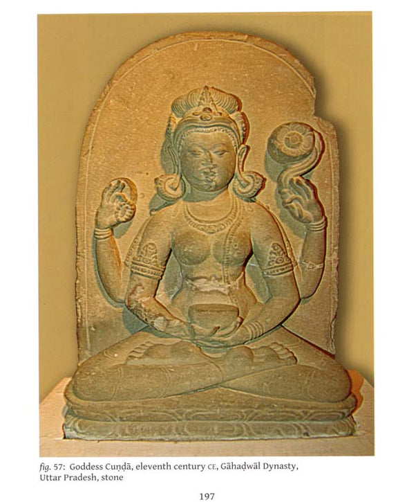 Seated goddess statue with halo and raised hands, stone sculpture