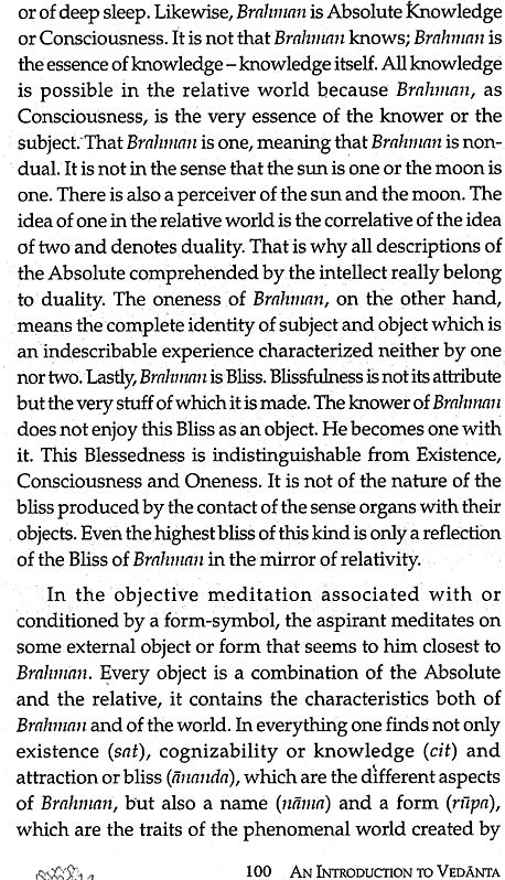 Page explaining Brahman and bliss; includes 'An Introduction to Vedanta' page 100