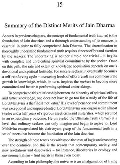 Page titled 'Summary of the Distinct Merits of Jain Dharma' with explanatory paragraph text