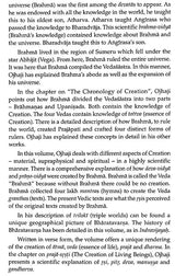 Book page continuing creation discussion, including Brahma’s knowledge and chronology