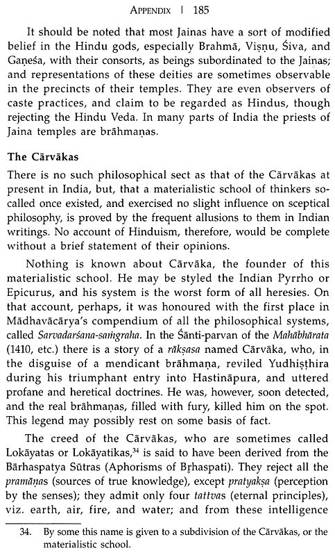 Appendix page 185 from Fundamentals of Hinduism discussing Jains and Cārvākas
