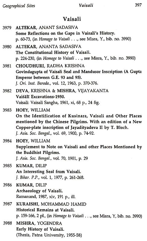 Bibliography entries page with “Geographical Sites” and the section “Vaisali”