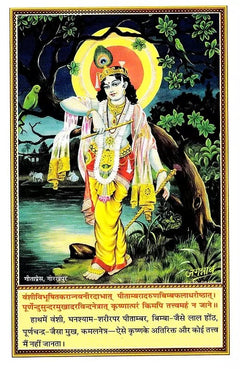 गीता दैनन्दिनी—कृष्ण-गोप बालक का चित्र: पीली धोती, गाय/वन-पृष्ठभूमि, चारों ओर हरियाली