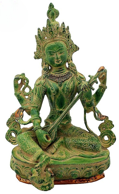 Brass Idol of Seated Chaturbhujadharini Saraswati in Nepalese Iconography 12 inches