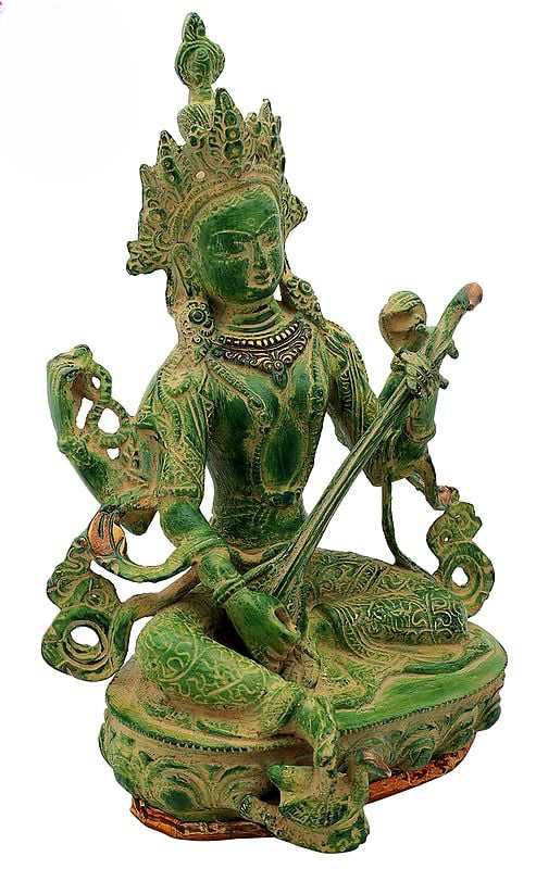 Brass Idol of Seated Chaturbhujadharini Saraswati in Nepalese Iconography 12 inches