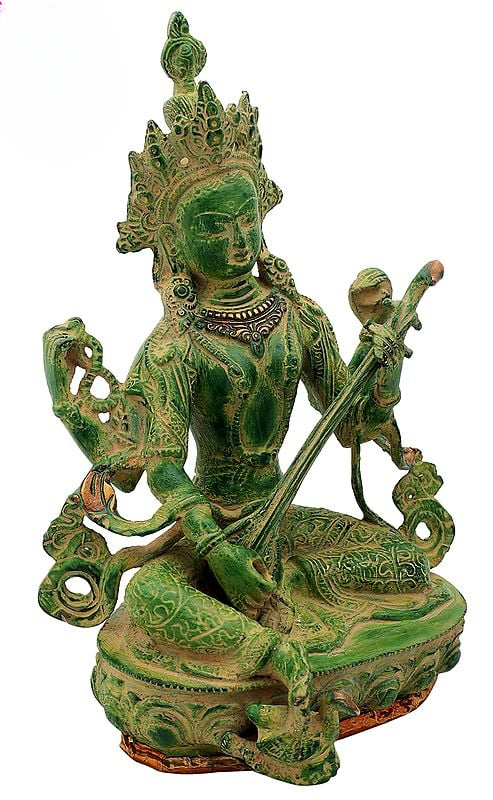 Brass Idol of Seated Chaturbhujadharini Saraswati in Nepalese Iconography 12 inches Entryway Setting