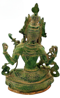 Brass seated Chaturbhujadharini Saraswati figurine, green patina, detailed crown and torso