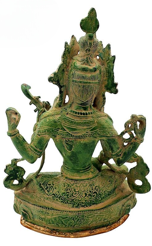 Brass Idol of Seated Chaturbhujadharini Saraswati in Nepalese Iconography 12 inches