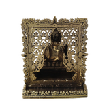 Brass Buddha panel back with cutout lattice pattern and ornate border