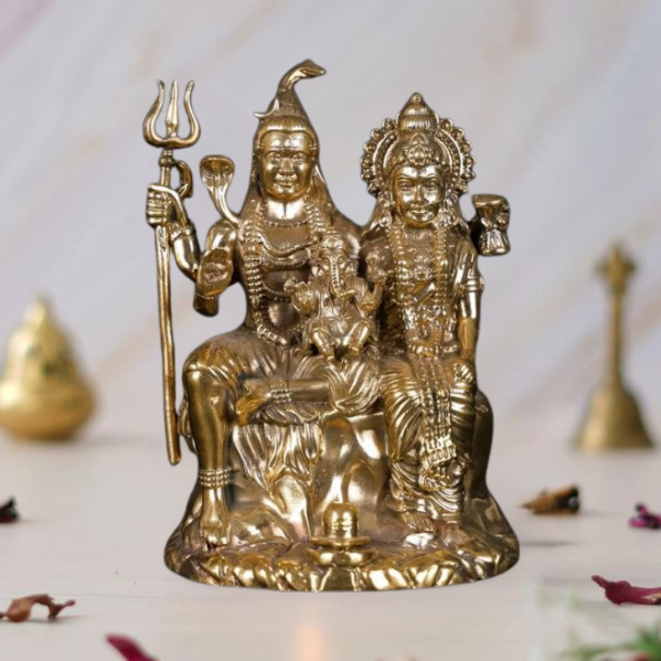 Superfine Small Lord Shiva and Parvati with Little Ganesha | Brass Statue in Multiple Sizes 10 cm