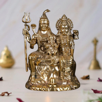 Brass Shiva-Parvati statue with little Ganesha, seated together on a base