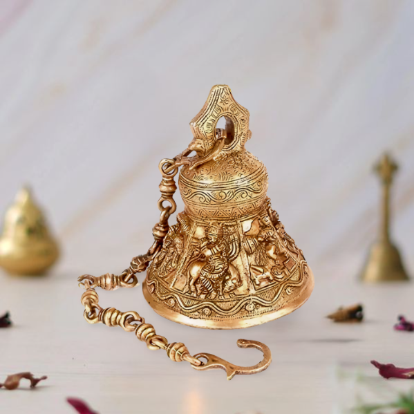 24-inch brass hanging ritual bell with Krishna reliefs and chain