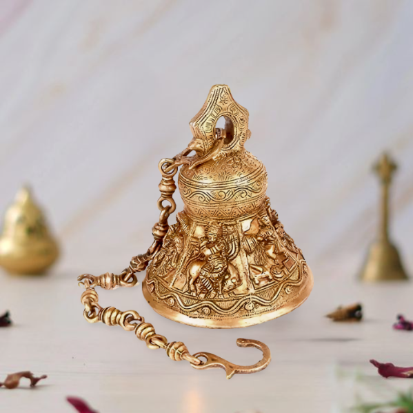 Brass Hanging Ritual Bell with Six Auspicious Images of Lord Krishna 24 inches