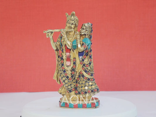 Divine Multicolour Brass Radha Krishna Idol with Exquisite Stone Work - 8.5 Inches