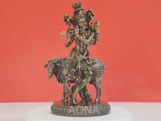 Resin Lord Krishna with Cow Idol Statue | Home Decor | Height 11 Inches