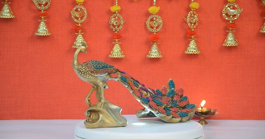 Brass Gorgeous Peacock with Stone Work | Showpiece and Gifting | Height 7 Inch | Multicolor